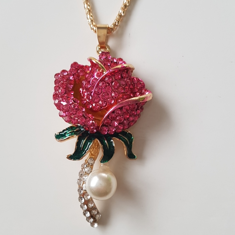57% OFF - Betsey Johnson Style Necklace Crystal Rose Pendant Chain with Pearl